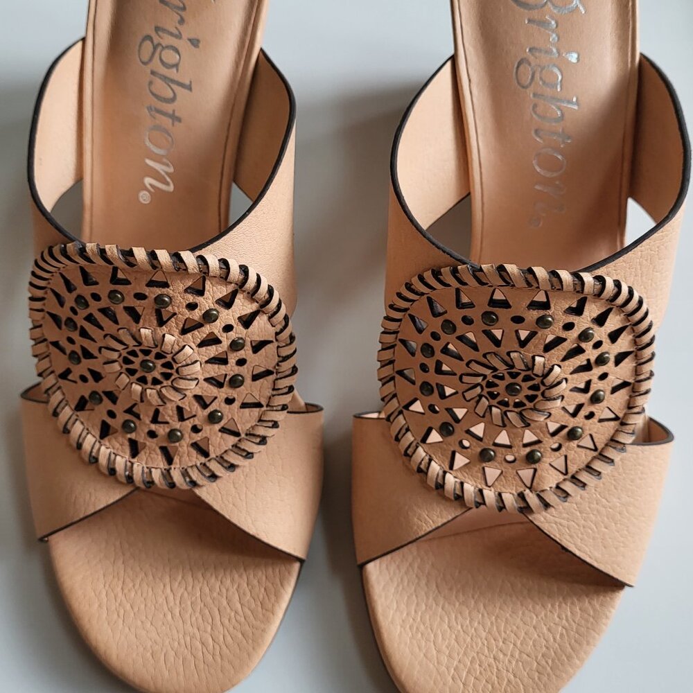 Brighton Rive Beige Leather Medallion Stacked Heel Wedge Sandal